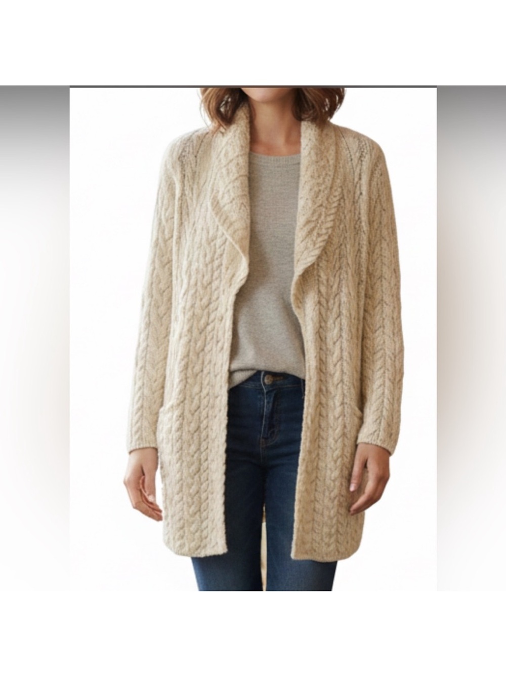 Irelands Eye 100% Virgin Wool Cable Knit  Long Cardigan Small Open Front Cream
